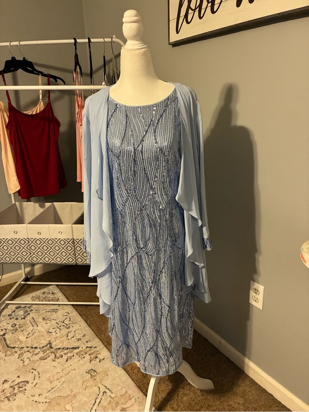 Grace Light Blue Beaded Midi Dress with Matching Draped Jacket